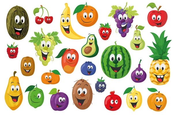 フルーツキャラクターコレクション 漫画スタイルの26種類のフルーツのセットベクトルイラスト — ストックベクタ