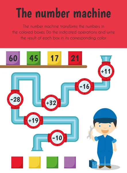 Numero Macchina Scheda Educativa Modulo Primario Abilità Numeriche Anni Serie — Vettoriale Stock