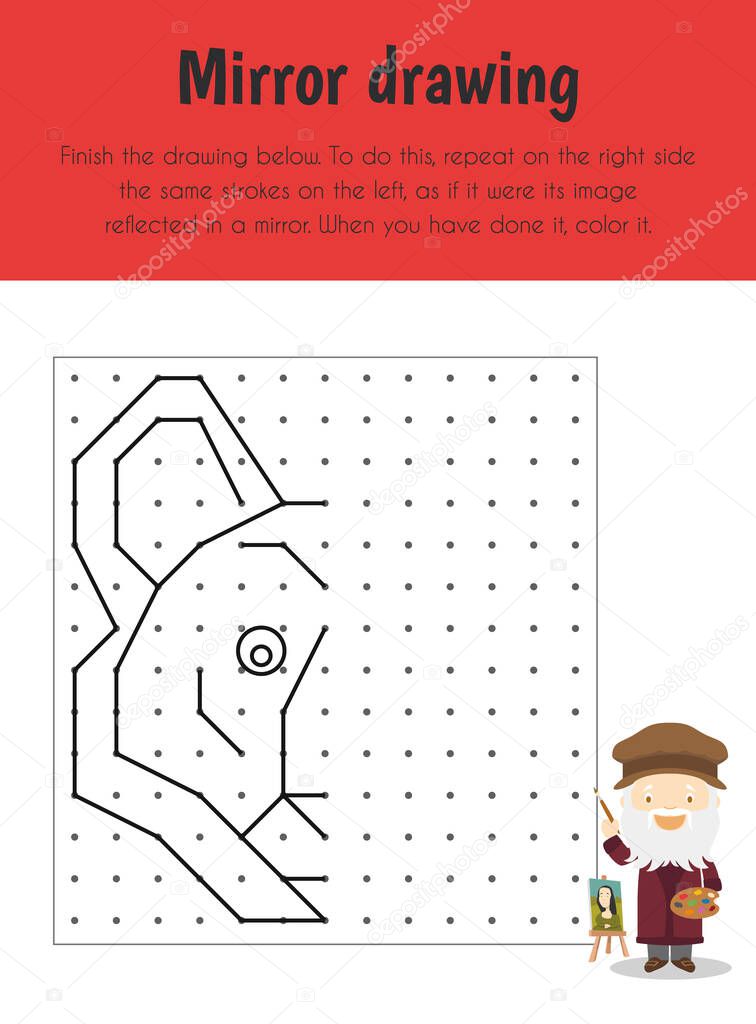 Mirror drawing Educational Sheet. Primary module for Spacial Understanding. 5-6 years old. Educational Sheets Series