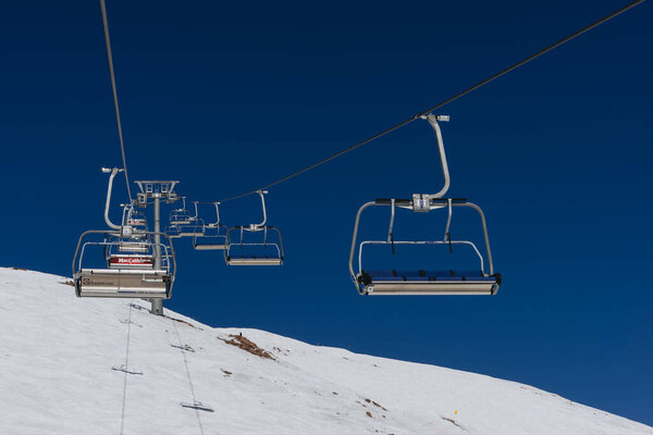 Gudauri, Georgia - February 16, 2016: No people climb the ski lift Doppelmayr of Gudauri, Georgia.