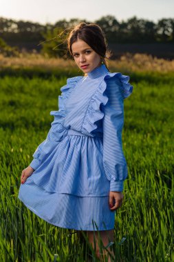 Mavi ve beyaz çizgili elbise genç biraz gülümseyen kadın bahar öğleden sonra boyunca güneşli hava, yeşil buğday alanında dururken kameraya doğru bakıyor. Elbisesinin bir eliyle tutuyor. Saçlarını wi içinde çırpınan