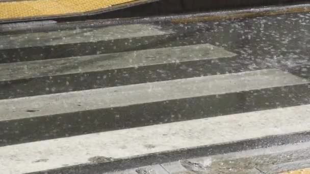 Gotas de agua de lluvia de cámara lenta cayendo en la calle, cajón grande charco — Vídeo de stock