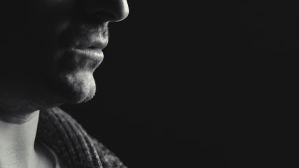 Man praten - mond detail, close-up, portret van een man who writes — Stockvideo