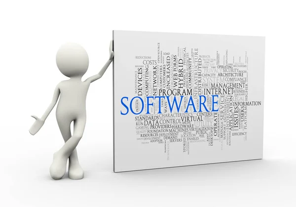 Yazılım wordcloud kelime etiketleri ile duran 3d adam