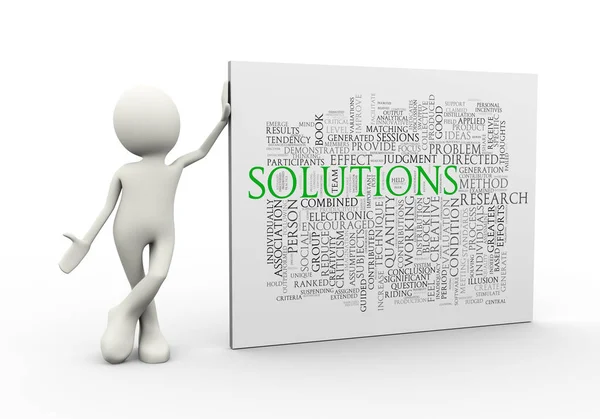 3d man standing with solution wordcloud word tags — Stock Photo, Image
