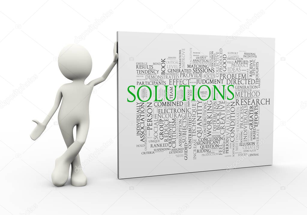 3d man standing with solution wordcloud word tags