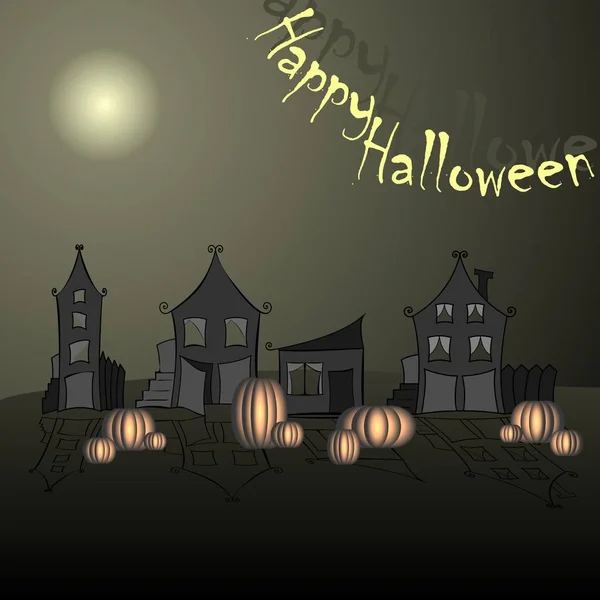 Zucche di Halloween e castello scuro su sfondo blu Luna, illustrazione. — Vettoriale Stock