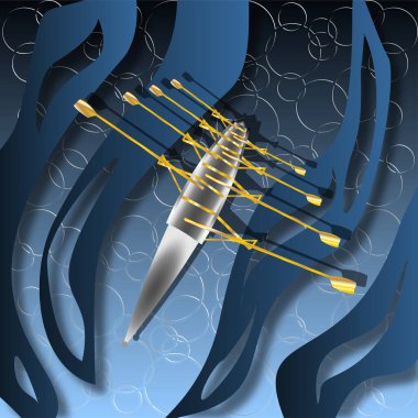 Altından ve gümüşten yapılmış arka planda kabarcıklar ve dalgalar olan bir kürek. Vektör illüstrasyonu