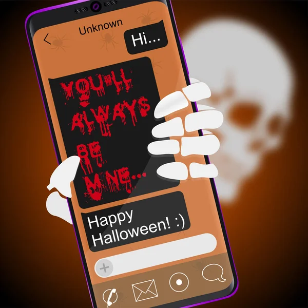 Telefon mit gruseligen Halloween-Text. Das Skelett hält das Telefon. Vektorillustration. — Stockvektor