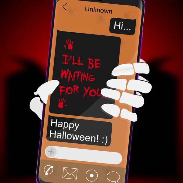 Phone with scary Halloween text. The skeleton is holding the phone. Vector illustration. — Stock Vector