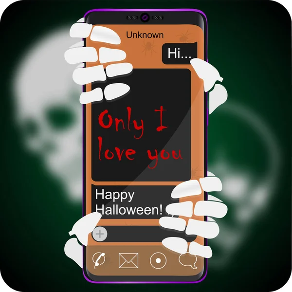 Telefon mit gruseligen Halloween-Text. Das Skelett hält das Telefon. Vektorillustration. — Stockvektor