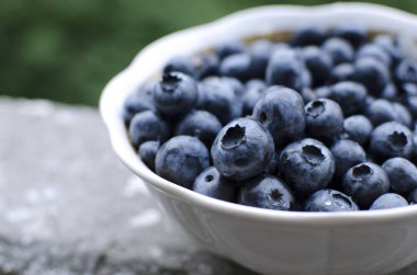 Yeşil bir arka plan üzerinde beyaz bir kase taze yaban mersini bulunmaktadır