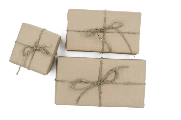 Las Cajas Regalo Kraft Están Sobre Fondo Blanco — Foto de Stock