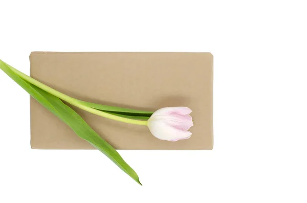 Kraft Geschenkbox Mit Rosa Tulpe Auf Weißem Hintergrund — Stockfoto