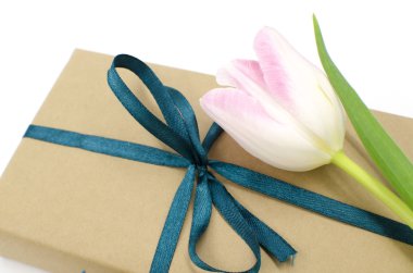 Kraft hediye kutuları şeritler ve Lale ile beyaz bir arka plan üzerinde vardır