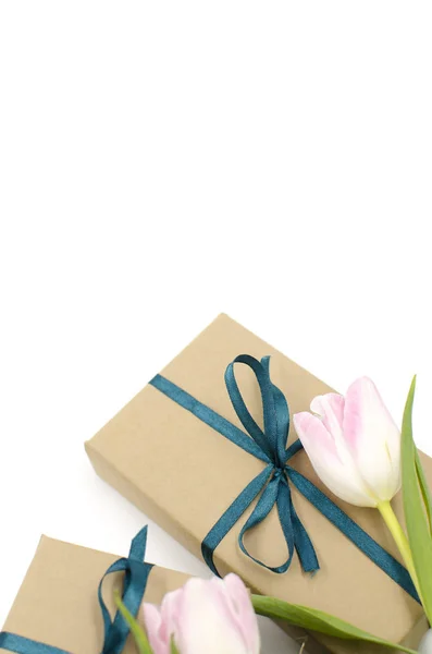 Kraft gift boxes with ribbons and tulips are on a white background