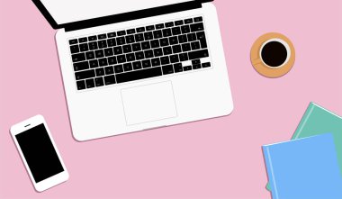 Modern işyerinin en iyi görünümü. Pembe masa, ofis malzemeleri, dizüstü bilgisayar, kitaplar, defter, telefon. Vektör çizimi