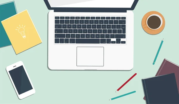 Modern işyerinin en iyi görünümü. Yeşil masa, ofis malzemeleri, dizüstü bilgisayar, kitaplar, defter, telefon. Vektör çizimi