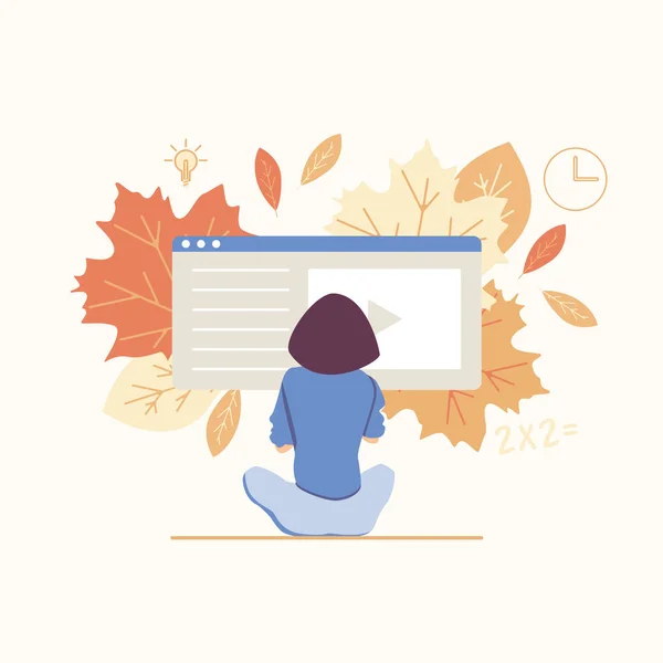 Online eğitim. Sonbahar yaprakları. Öğrenci karakteri okuyor. Düz Illustration. 