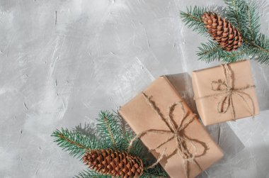 Noel geçmişi. Gri bir arka plan üzerinde bir Noel ağacı nın bir sprig ile Hediye kutuları