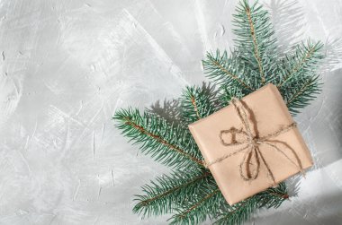 Noel geçmişi. Gri bir arka plan üzerinde bir Noel ağacı nın bir sprig ile Hediye kutusu