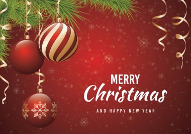 Kırmızı topları ve altın süslemeleri olan kırmızı bir Noel arkaplanı