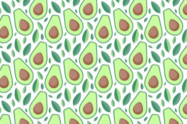 Avokado deseni. Beyaz arka planda yaprakları olan parlak yeşil avokado.