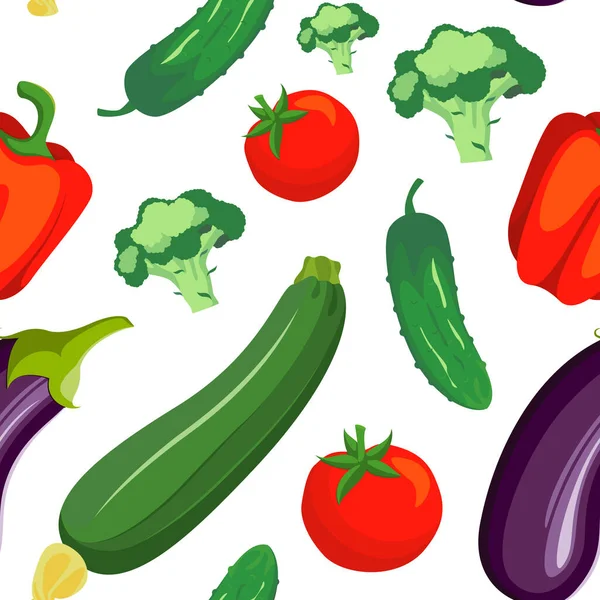 Vegetables pattern on white background. Broccoli, tomato, eggplant and pepper