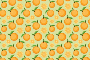 Yeşil arka planda meyve deseni. Parlak turuncu meyve arkaplanı