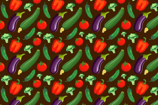 Wzór Warzyw Brązowym Tle Brokuły Pomidory Bakłażan Pieprz — Zdjęcie stockowe