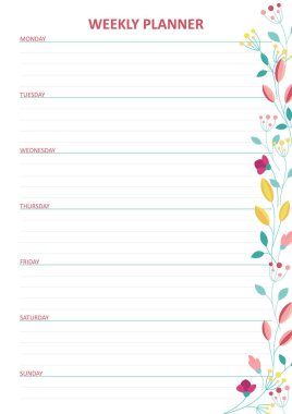 Beyaz haftalık planlamacı, parlak çiçekli yaz tasarımlı.