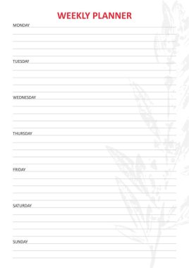 Minimalist yaprak tasarımlı beyaz haftalık planlayıcı 