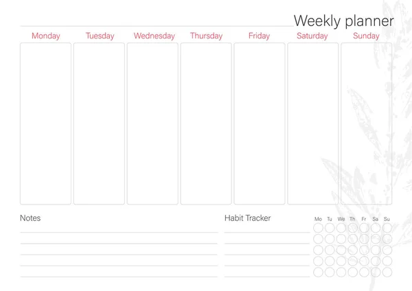 Planejador Semanal Branco Com Design Folha Minimalista — Vetor de Stock