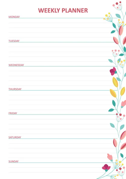 White Weekly Planner Bright Floral Summer Design — Stock Vector