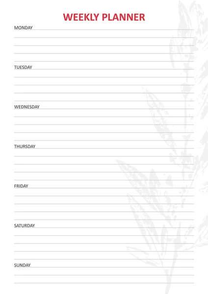 White Weekly Planner Minimalistic Leaf Design — Stock Vector