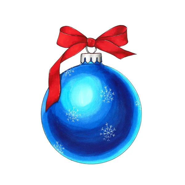 Blauwe Bal Met Een Strik Met Hand Getekend Kerstspeelgoed — Stockfoto