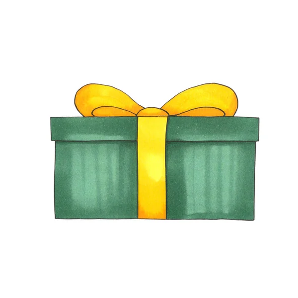 Ręcznie Rysowane Zielone Pudełko Żółtym Łukiem Izolowane Białym Tle — Zdjęcie stockowe