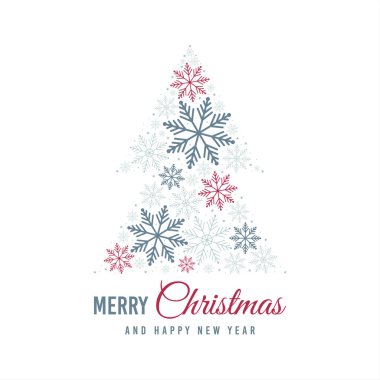İçinde kar taneleri olan bir Noel kartı. Beyaz arkaplanda mavi ve kırmızı kar taneleri