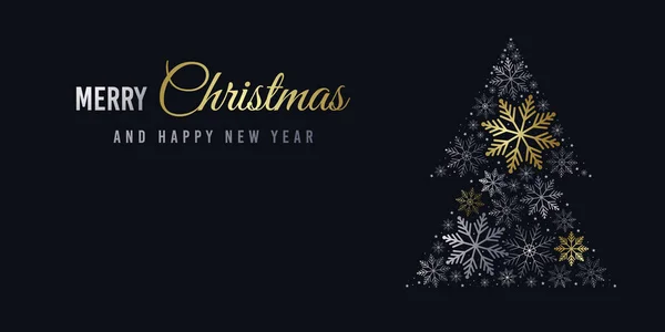 Karácsonyi Üdvözlőlap Hópelyhekkel Fekete Zászló Arany Ezüst Hópelyhekkel — Stock Fotó