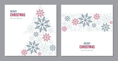 Kar taneli Noel kartları. Beyaz arkaplanda mavi ve kırmızı kar taneleri