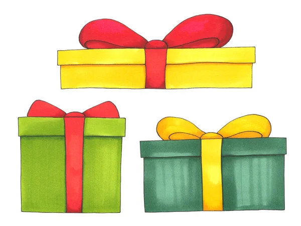 Σύνολο Χειροποίητα Κουτιά Δώρων Χριστουγέννων Που Απομονώνονται Λευκό Φόντο — Φωτογραφία Αρχείου