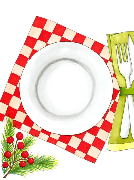 Disegnato Mano Tavolo Natale Decorazione Impostazione Forchetta Coltello Piatto Vuoto — Foto Stock