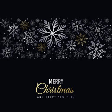 İçinde kar taneleri olan bir Noel kartı. Siyah zemin üzerinde gümüş ve altın kar taneleri