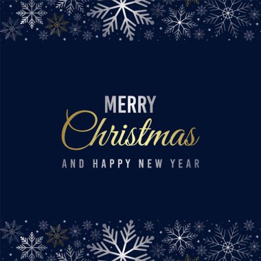 İçinde kar taneleri olan bir Noel kartı. Mavi arka planda gümüş ve altın kar taneleri