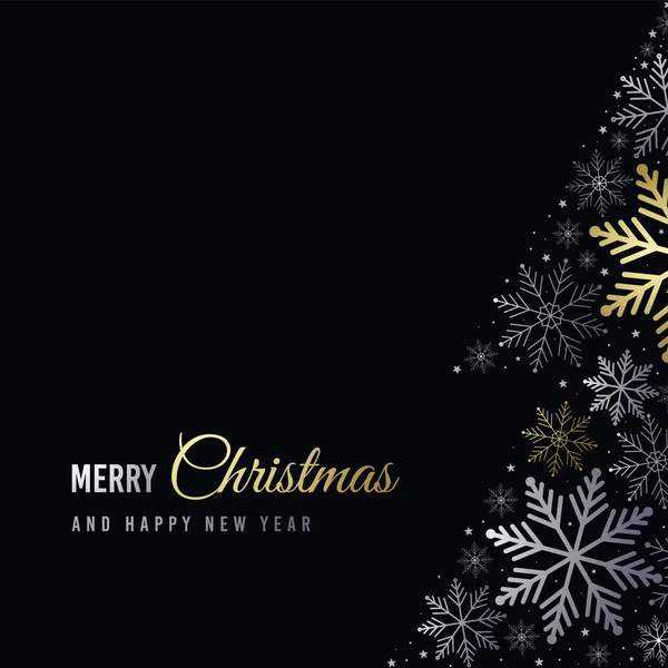 Christmas card with snowflakes. Silver and gold snowflakes on black background