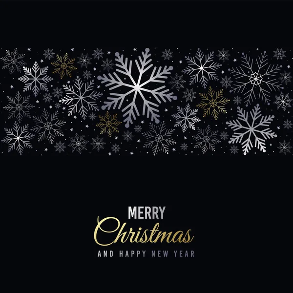Karácsonyi Üdvözlőlap Hópelyhekkel Ezüst Arany Hópelyhek Fekete Háttér — Stock Fotó