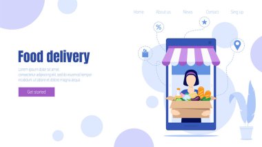 Çevrimiçi yemek servis vektör illüstrasyonu. Yemek dağıtım şablonu iniyor