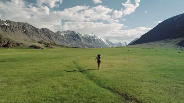 Femme heureuse s'amuser à courir dans la nature de champ excité de joie bonheur vomit un chapeau dans le ciel. Style de vie actif joyeux — Video