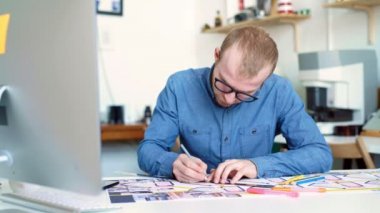 Hipster mühendis planı ile çalışır. Yukarıdan ateş. Ofiste çalışan genç mimari mühendis. Sakallı adam gözlüklü çizimler yapar. Loft style, minimalist iç, masanın üzerinde çizimler