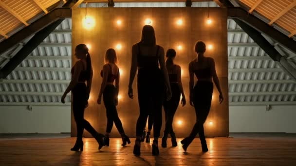 Силуэты танцующих девушек. Go-Go танец. Крупный план танцевального представления красивой женской группы на темной сцене с желтыми огнями. командный танец женщин на высоких каблуках — стоковое видео